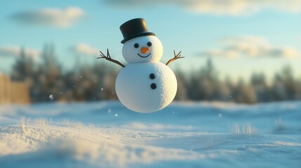Obraz premium 3d model of cute cartoon-like snowman levitating in the air cute smile