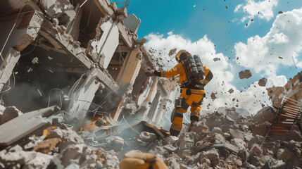 AI Robot in a rescue uniform lifting debris to free a trapped person after an earthquake
