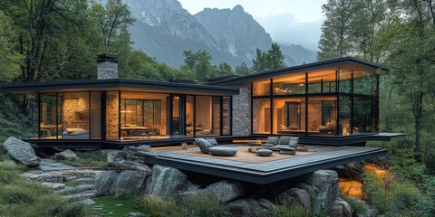 Obraz premium Modern mountain home with expansive glass walls, stone facade, and outdoor deck.