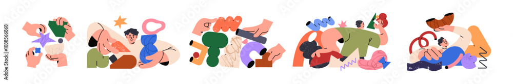 Poster information exchange, communication, sharing and building opinions concept set. people with abstract