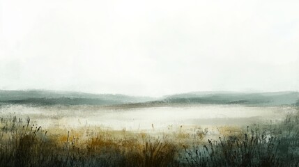 Fototapeta premium Pastel Meadow Watercolor Illustration, Childlike Field Scene with Soft Colors and Light Background