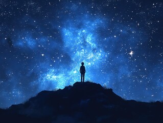 Fototapeta premium A silhouette of a person standing on a hill under a starry sky, gazing at the vast universe filled with shining stars.