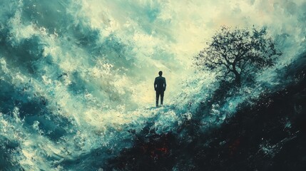 Fototapeta premium A solitary figure stands amidst chaotic waves, symbolizing introspection and resilience against life's turbulent moments.
