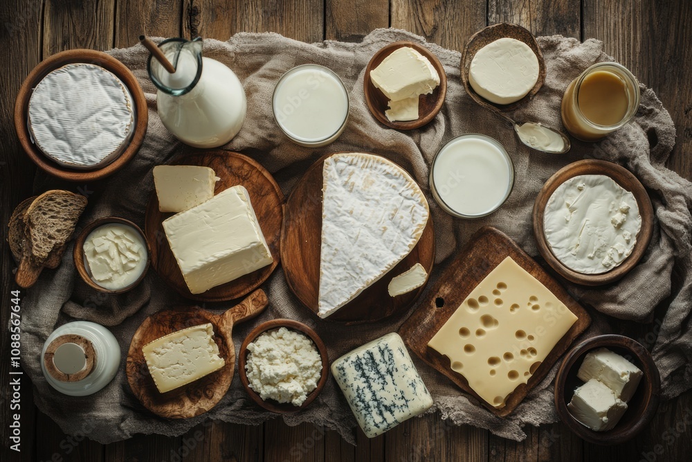 Poster A rustic wooden table is filled with a selection of dairy products like milk, assorted cheeses, and butter, creating a homey atmosphere. Generative AI