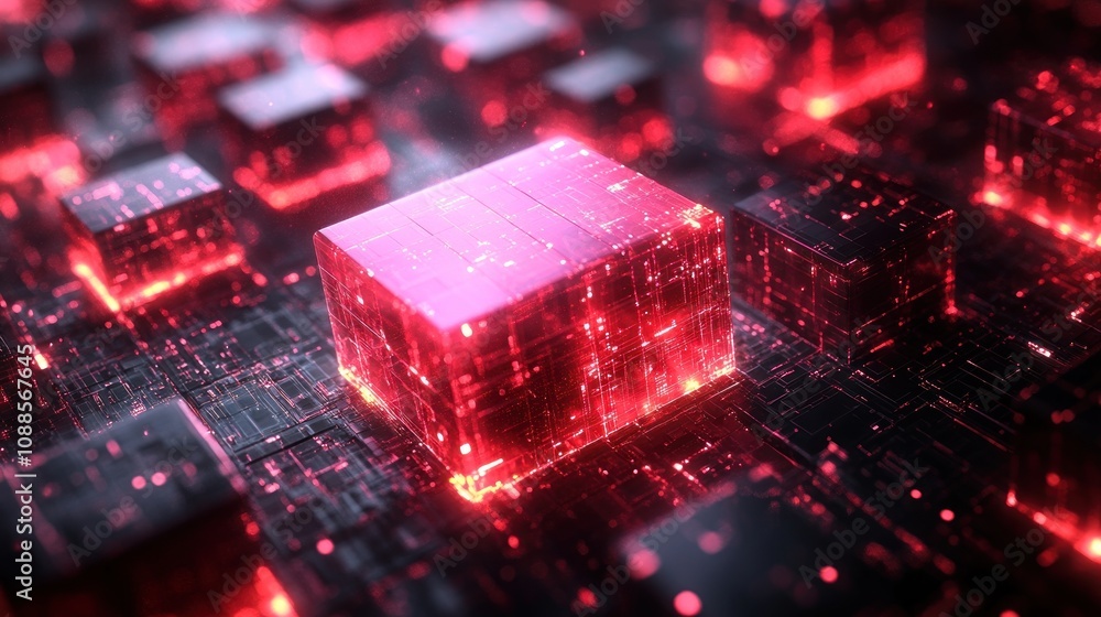Poster abstract representation of glowing cubes in a digital space.