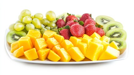 A refreshing fruit platter with an assortment of sliced mango, papaya, banana