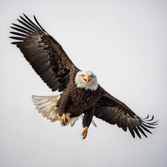 Obraz premium Eagle in Flight: A bald eagle mid-flight with wings fully spread, sharp talons extended, and its beak slightly open. Feather details highlighted against a white background.