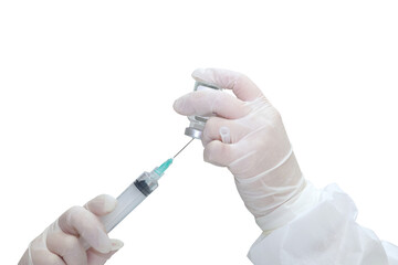 Close-up hands woman doctor who using syringe for draw vaccine from vaccine vial, medical and healthcare