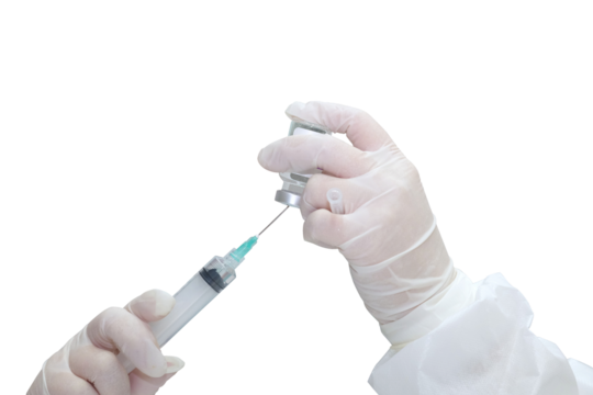 Close-up hands woman doctor who using syringe for draw vaccine from vaccine vial, medical and healthcare