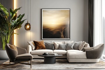 This modern living room showcases a cozy sectional sofa adorned with plush pillows. A large piece of wall art complements the soothing atmosphere, accented by greenery and warm lighting