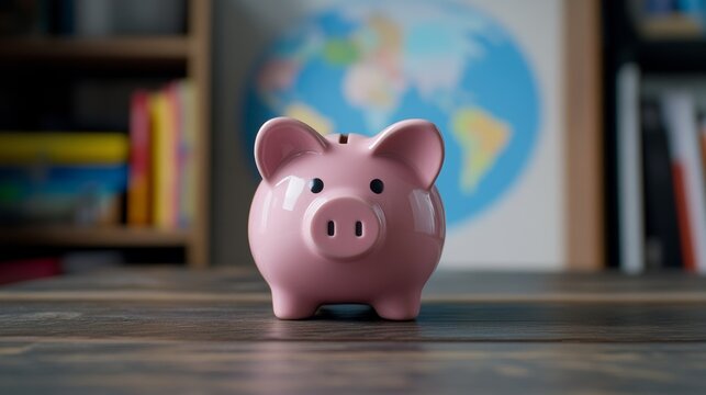 A pink piggy bank set against a blurred world map background. Cute pink piggy bank featuring a softly blurred world map backdrop for finances. 