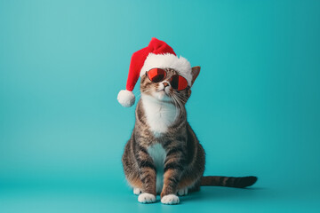 Obraz premium Christmas Cat in Santa hat. Adorable Cat Dressed as Santa Claus with Copy Space. Generative AI