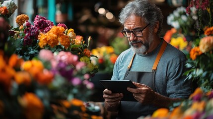 Middle-aged florist working in a vibrant shop, using a tablet to handle customer orders and manage stock