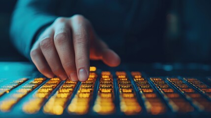 Businessman analyzing gold bars on digital graph screen representing investment strategies and market growth
