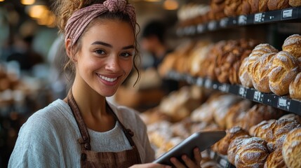 Confident female baker using a digital device in her bakery, overseeing orders and inventory management