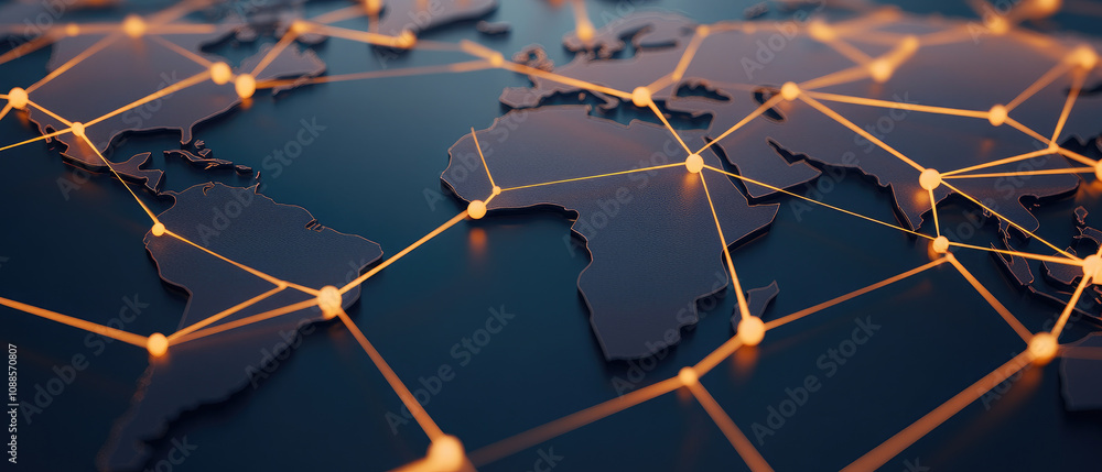 Poster global digital connectivity network world map visualization technology abstract design aerial perspe