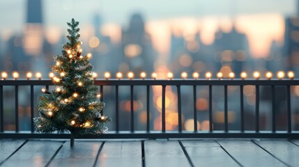 Mini Christmas tree with city lights background.