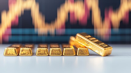 Gold bars representing secure growth investment increasing in value on stock market chart