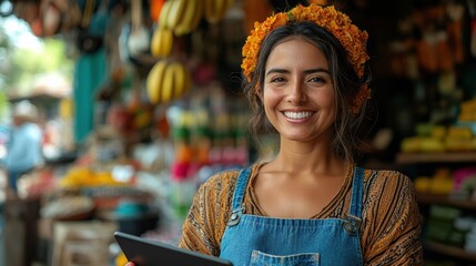 Front view of a Hispanic female mid-aged shop owner working on a digital tablet behind the counter in a souvenir business, smiling