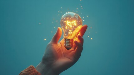 Close up of hand holding abstract glowing circuit light bulb on blue background. Future, innovation and solution concept