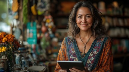 Front view of a Hispanic female mid-aged shop owner working on a digital tablet behind the counter in a souvenir business, smiling