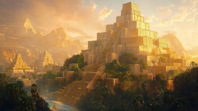 Majestic Mesopotamian Cityscape at Sunset with Ziggurats and Euphrates River | Ultra-Detailed Mesopotamian Civilization Photography