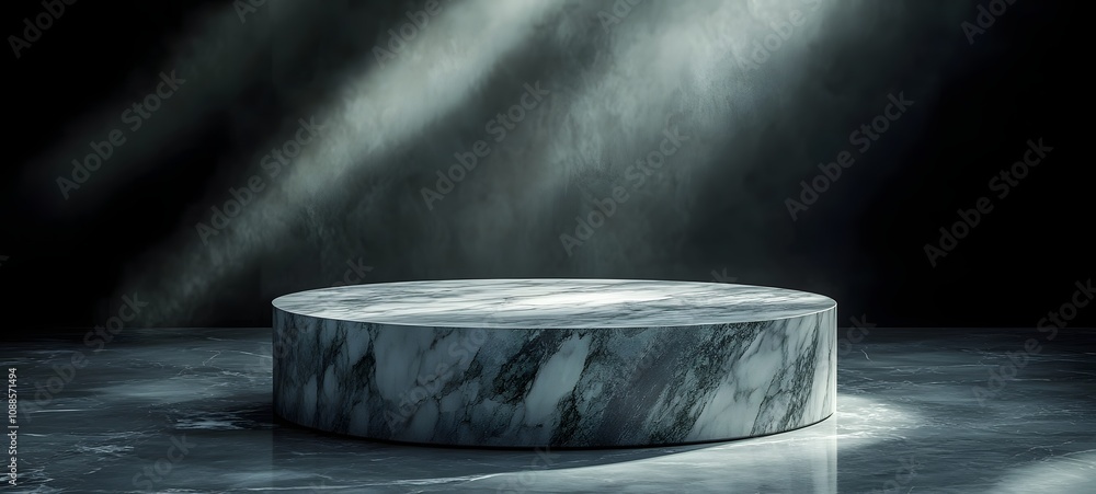 Poster 99. a simple podium with a marble surface, ambient lighting from above casting soft shadows, providi