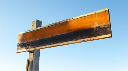 Weathered wooden sign against clear blue sky outdoor photography nature landscape peaceful environment minimalist viewpoint rustic concept for inspiration