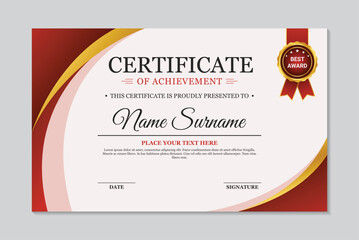 Certificate of achievement template modern red and gold curved design on white background