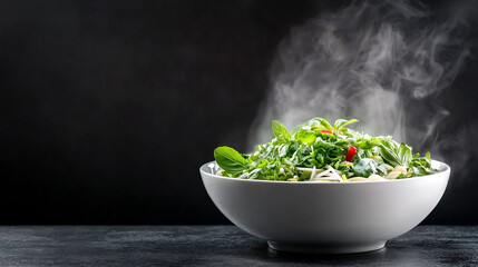 Freshly steamed herb salad preparation modern kitchen culinary art dark background close-up healthy living focus