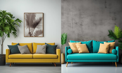 Mustard Yellow  Teal Sofas in Modern Living Room Interior