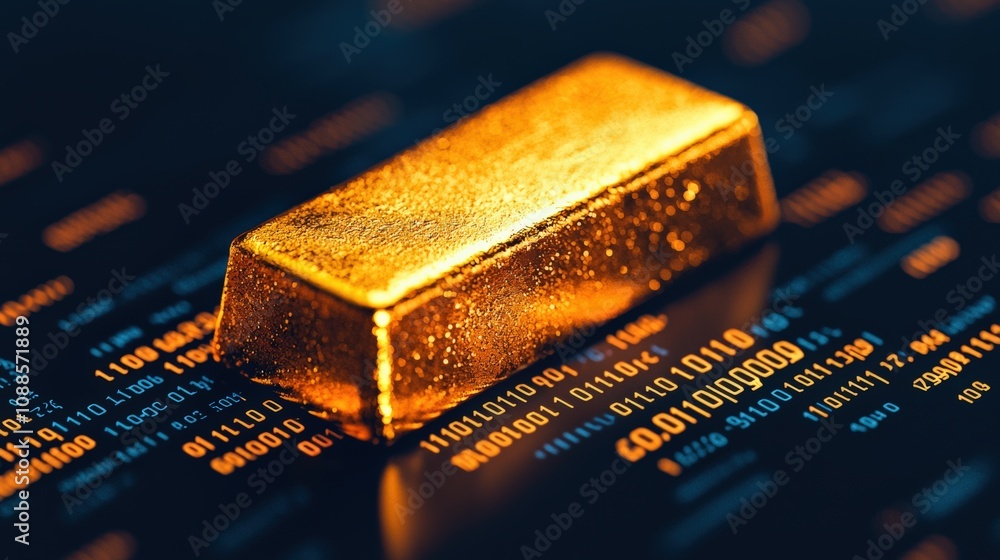 Aufkleber gold bar glowing on digital binary code background representing financial security