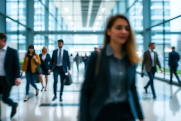 Defocused people walking in the modern office building with blurred background