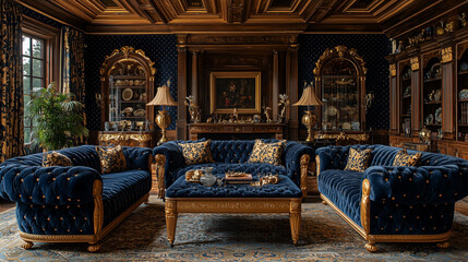Fototapeta premium Opulent Library Interior Design: Luxurious navy velvet sofas and armchairs, gilded accents, and dark wood paneling create a sophisticated and regal atmosphere in this grand library.