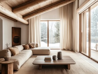 Fototapeta premium A living room with a couch, coffee table, and a vase