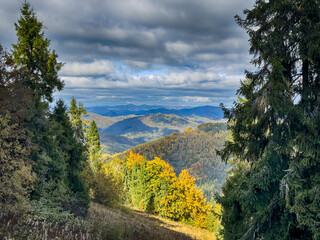 The landscape of Carpathian Mountains in the sunny weather. Perfect weather condition in the autumn...