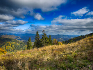 The landscape of Carpathian Mountains in the sunny weather. Perfect weather condition in the autumn...