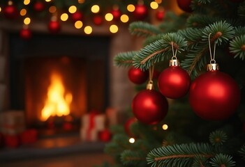 Christmas and New Year holiday concepts. Red balls on fir branches. Interior Christmas. Magic glowing tree, fireplace, gifts background