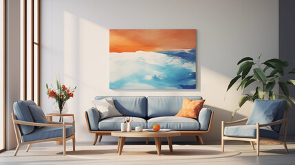 Modern Living Room Interior Blue Sofa Abstract Art Wooden Accents
