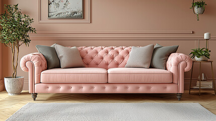 Pink Velvet Sofa in Modern Living Room: A plush, pink velvet sofa takes center stage in a modern living room, its tufted upholstery adding a touch of classic elegance.