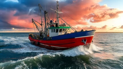 Obraz premium Fishing boat sailing on sea waves at sunset time. trawler, commercial fishing, ocean, seascape
