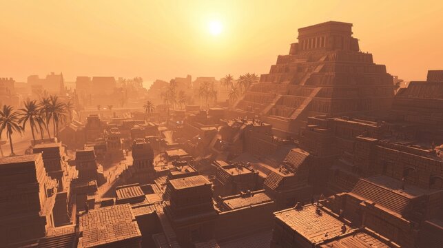 Majestic Sunrise Over Ancient Mesopotamian City: A Glimpse into Civilization's Dawn