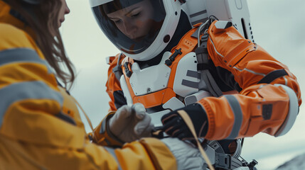 Obraz premium AI Robot and Emergency Responder Teamwork for Helicopter Evacuation, Featuring Advanced Rescue Technology