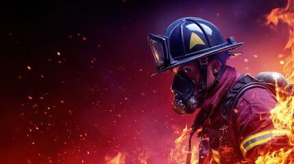 Obraz premium Firefighter in action amidst flames, wearing protective gear.