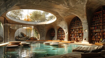 A high-tech religious library with robotic cataloging systems and bioluminescent reading areas 