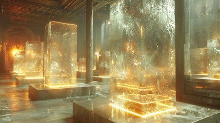 A modern cultural workshop with transparent crafting tools and glowing cultural artifacts 