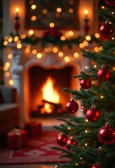 Christmas and New Year holiday concepts. Red balls on fir branches. Interior Christmas. Magic glowing tree, fireplace, gifts background