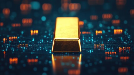 Gold bar floating on virtual price indicators representing modern digital investment portfolios
