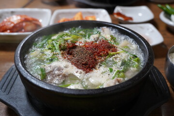 Blood Sausage and Rice Soup in earthen pot