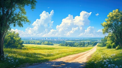 Obraz premium Vibrant greenery and wildflowers frame a winding dirt road leading toward a scenic skyline